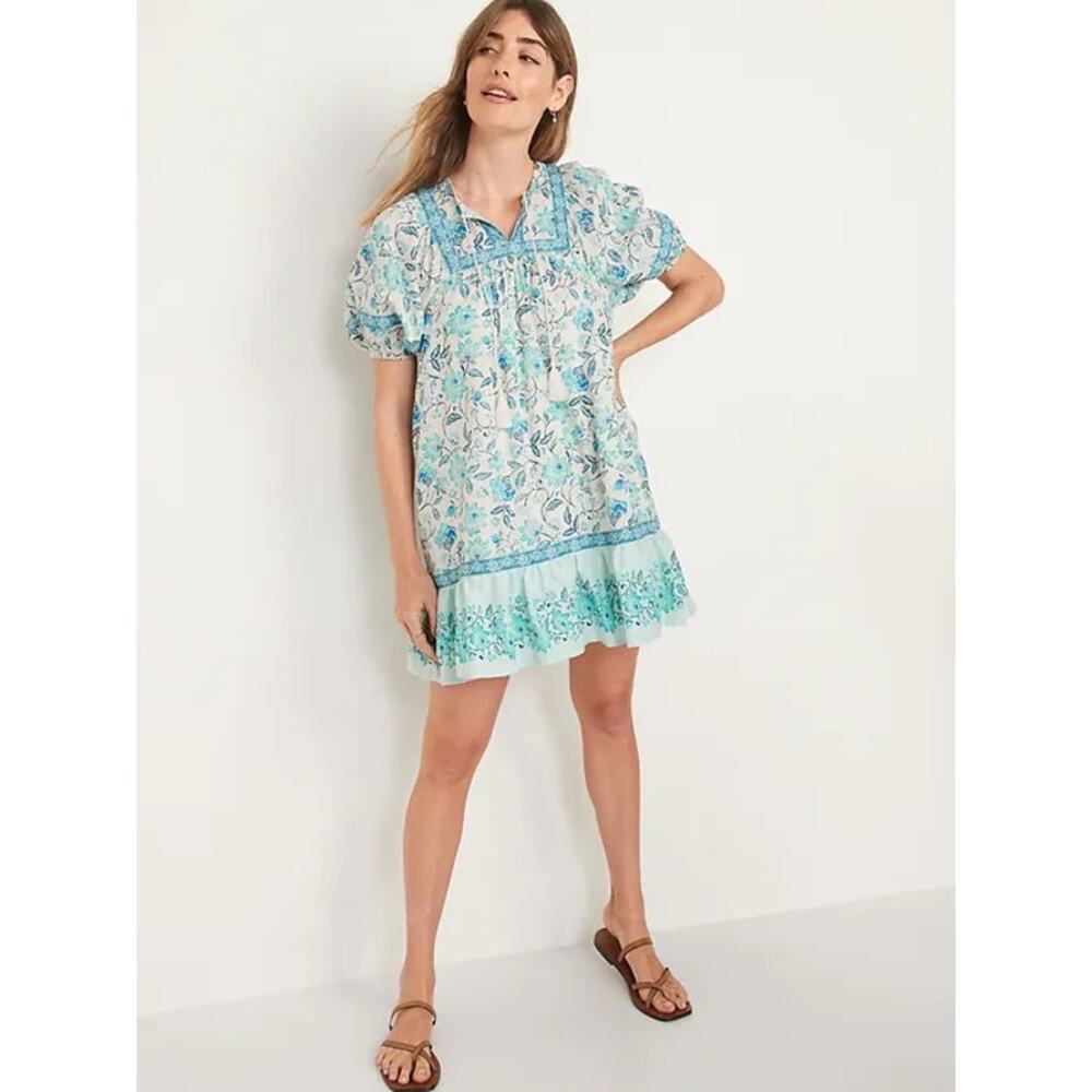 OLD NAVY Puff-Sleeve Printed Mini Swing Dress Blue Floral Boho Coastal Preppy L